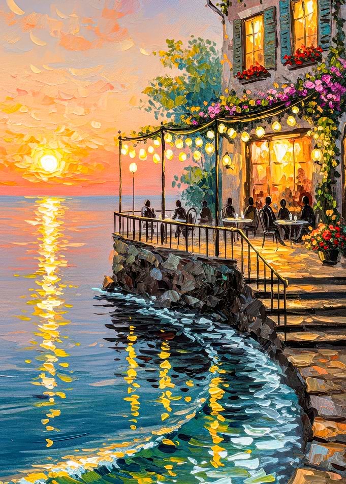 Seaside Restaurant at Sunset Painting