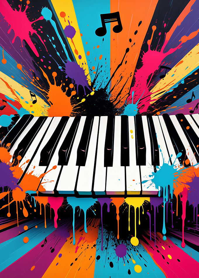 Colorful Piano Keys with Paint Splatters