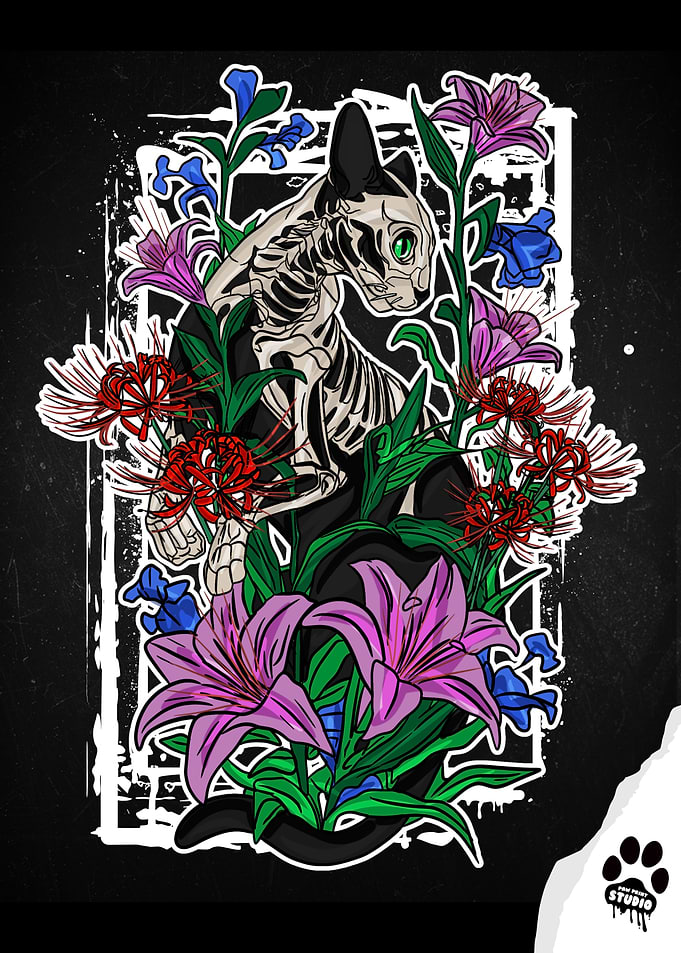 Floral Cat Skeleton Illustration