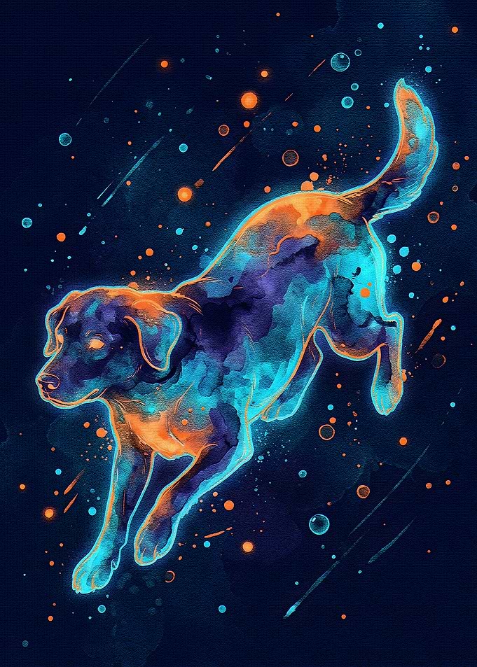 Neon Dog Leaping in Space