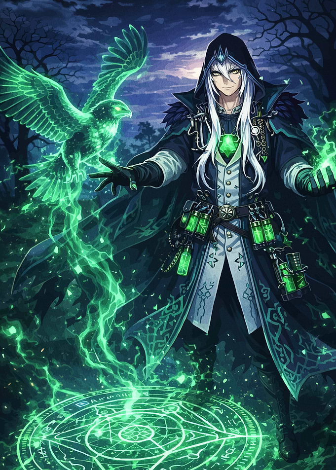 Wizard with Green Magic and Eagle