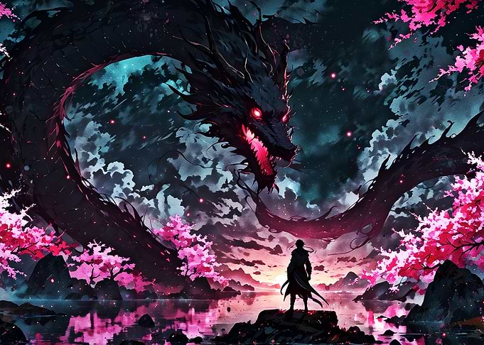 Dragon and Warrior in Cherry Blossom