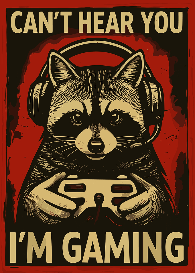 Can't Hear You I'm Gaming Poster, Raccoon Gamer Wall Art, Vintage Gaming Illustration Print