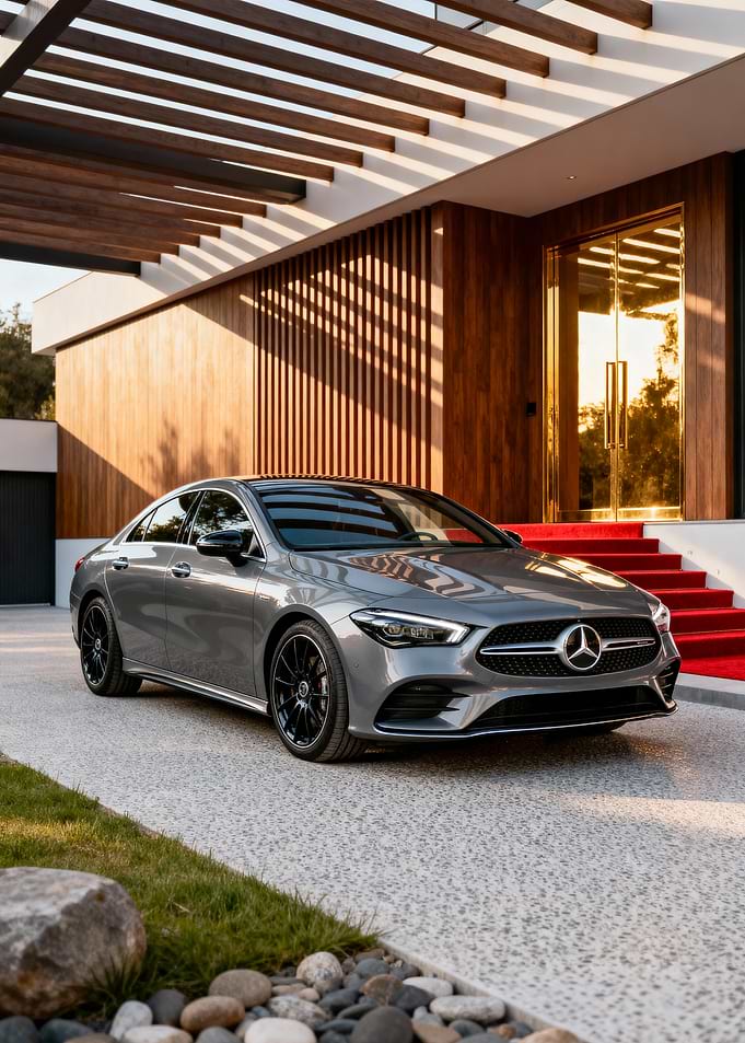 Gray Mercedes-Benz in front of house