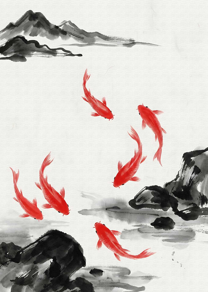 Red Koi Fish Ink Painting