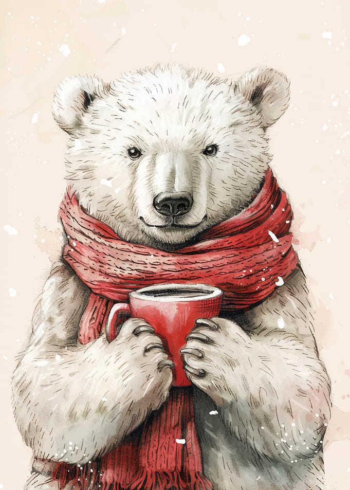 Polar Bear with Coffee Watercolor Illustration