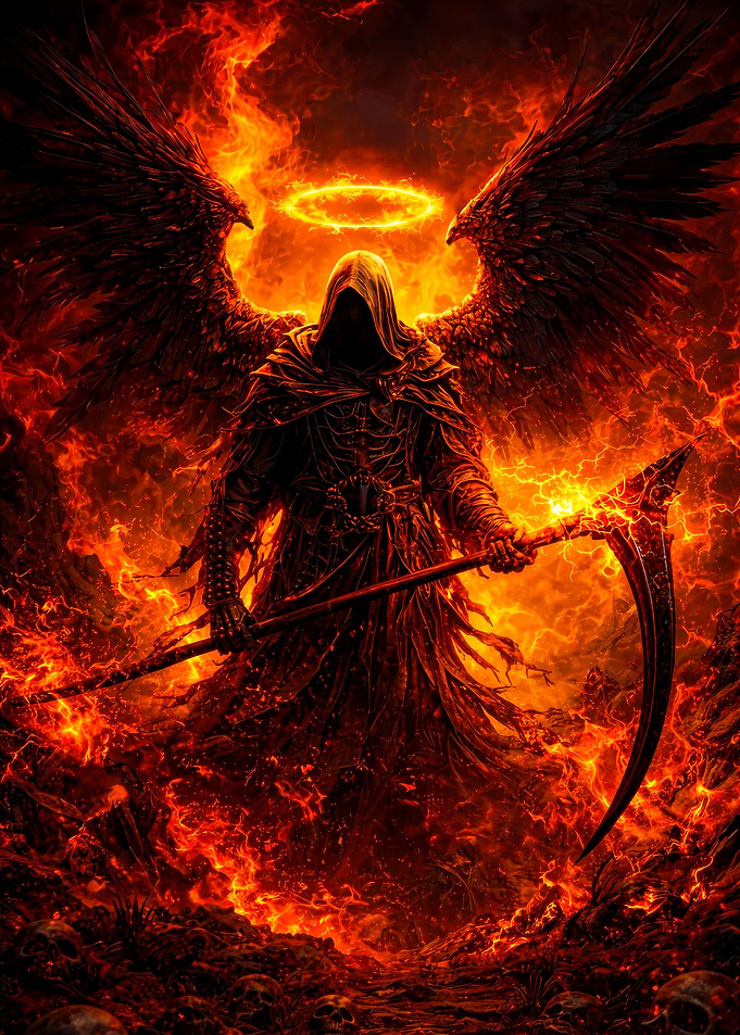 Winged Grim Reaper in Fiery Abyss