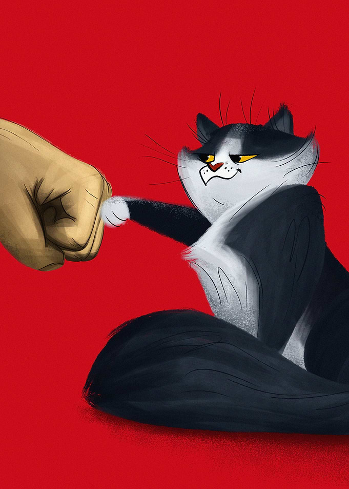 Cartoon Cat Fist Bump on Red
