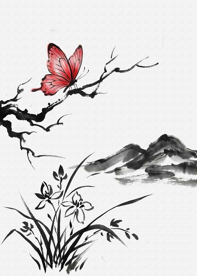 Butterfly and Flowers Ink Painting