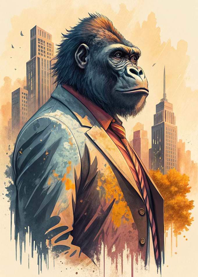 Gorilla in Suit, Cityscape Background