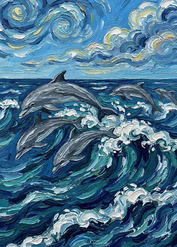 Dolphins in Ocean Waves Painting
