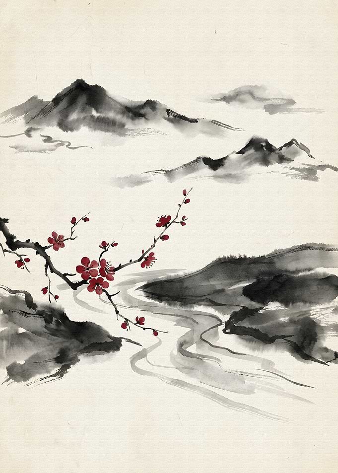 Asian Ink Painting with Red Flowers