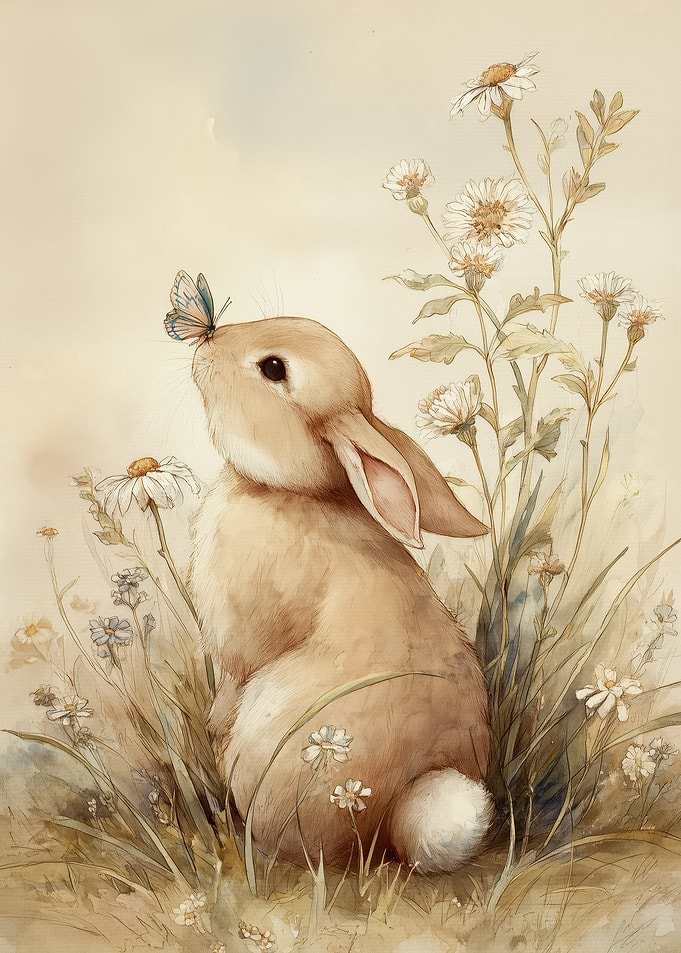Watercolor Rabbit with Butterfly and Flowers