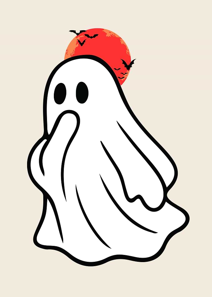 Cute Halloween Ghost with Bats and Moon