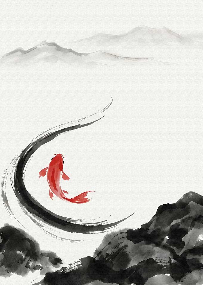 Red Fish in Ink Landscape
