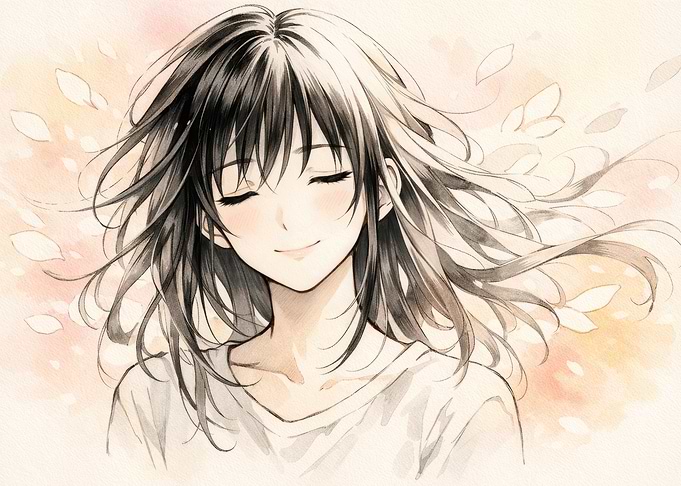 Smiling Anime Girl with Falling Leaves