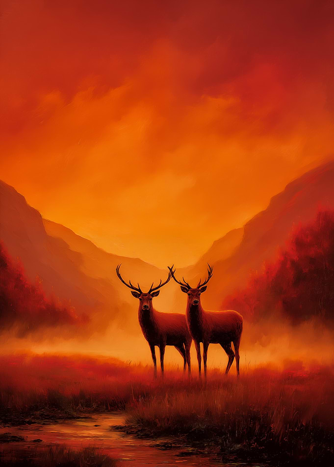 Two Deer in a Fiery Landscape