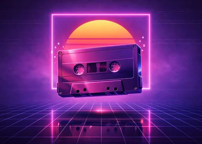 Retro Cassette Tape with Neon Background