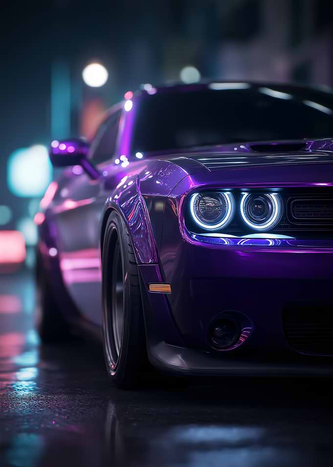 Purple Dodge Challenger on Wet City Street