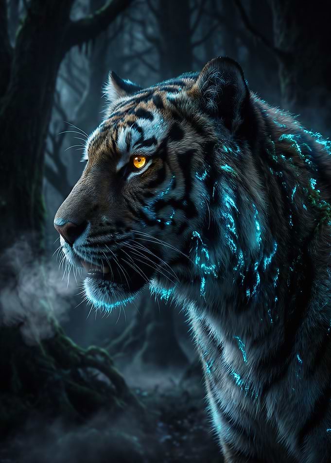 Glowing Tiger in Dark Forest
