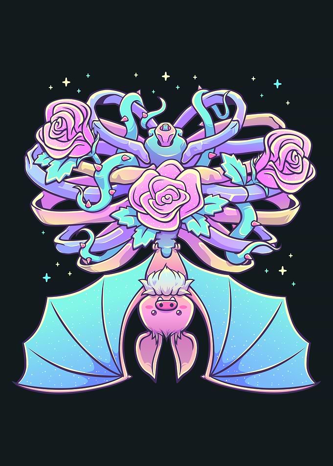 Pastel Bat with Ribcage and Roses