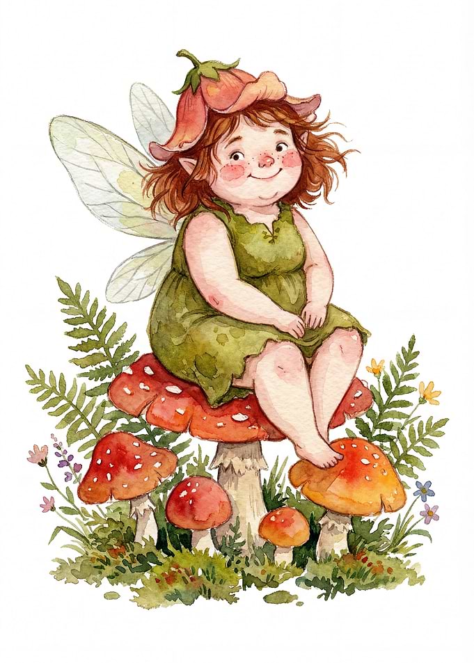 Fairy Sitting on Mushrooms