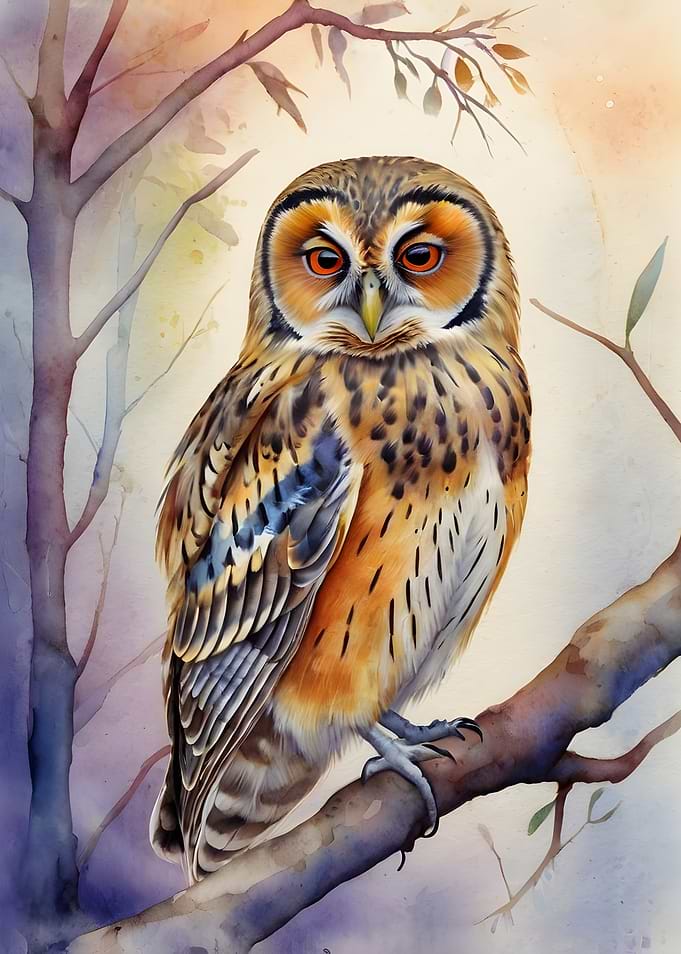 Watercolor Owl Perched on Branch