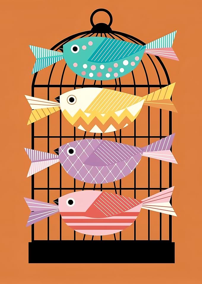 Colorful Birds in Cage Illustration
