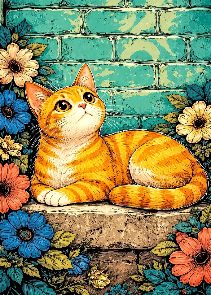 Orange Tabby Cat with Flowers
