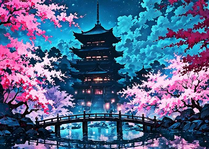 Japanese Pagoda with Cherry Blossoms