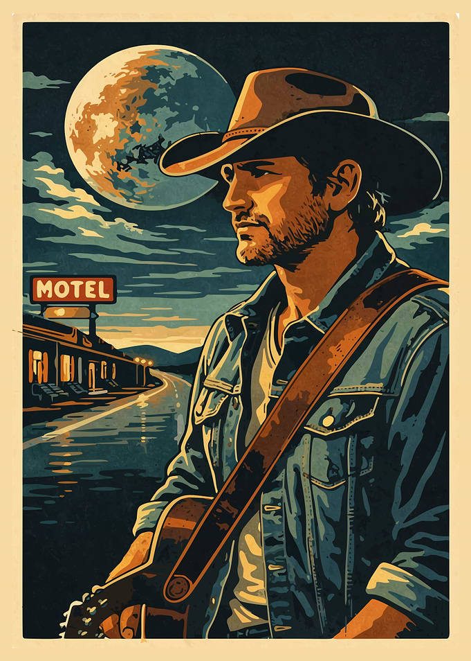 Country Singer at Motel Under Moonlight