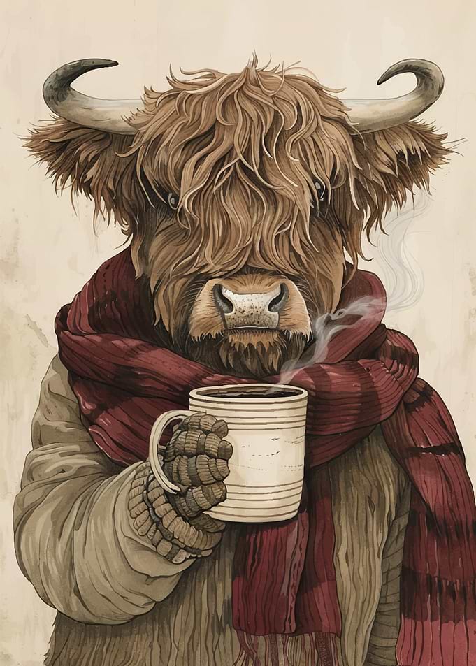 Anthropomorphic Highland Cow with Coffee