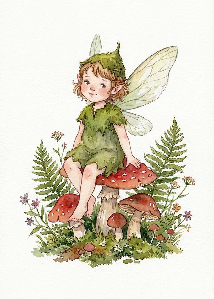 Watercolor Fairy Sitting on Mushrooms