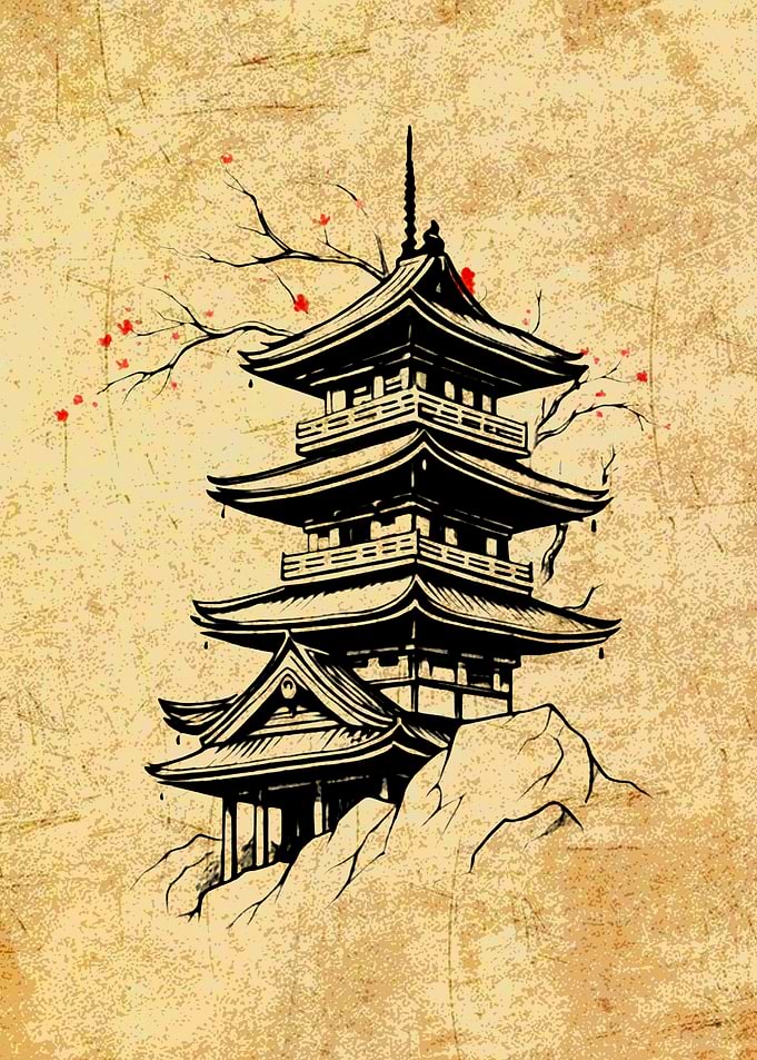 Japanese Pagoda Ink Drawing