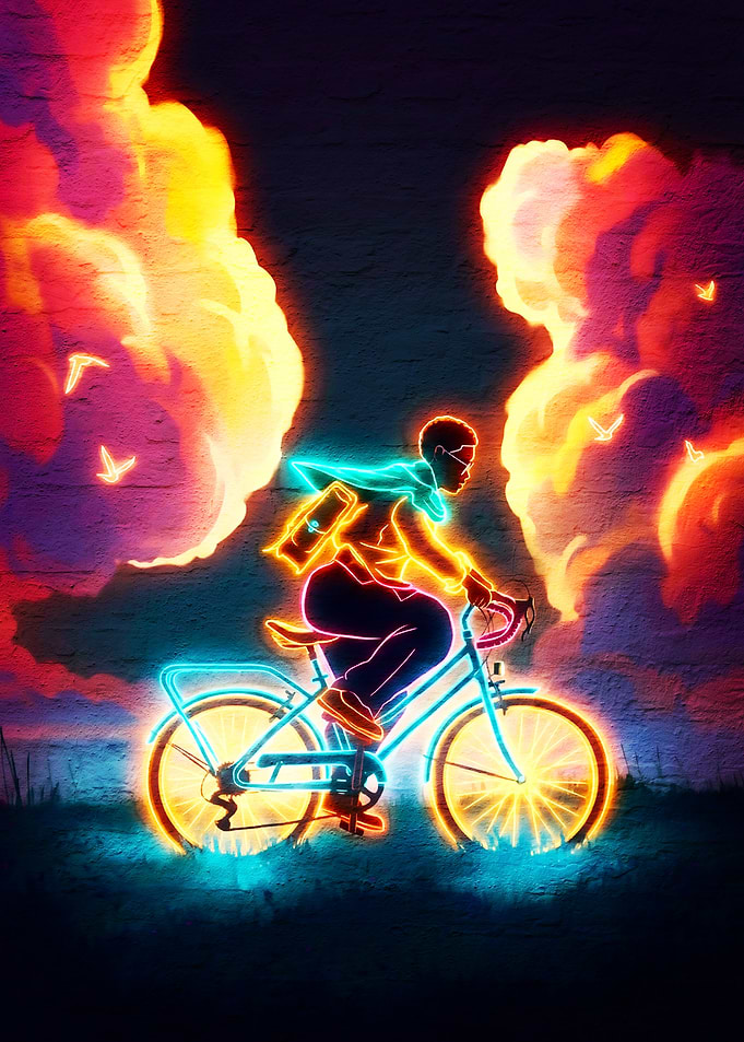 Neon Cyclist with Fiery Cloudscape
