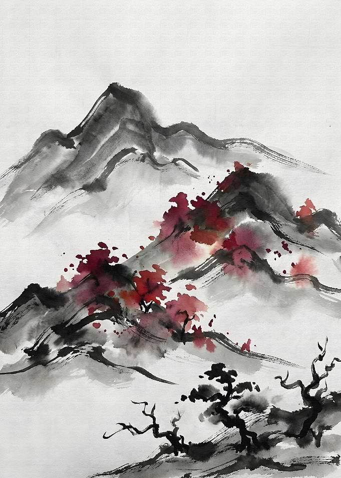 Ink Wash Painting of Mountains