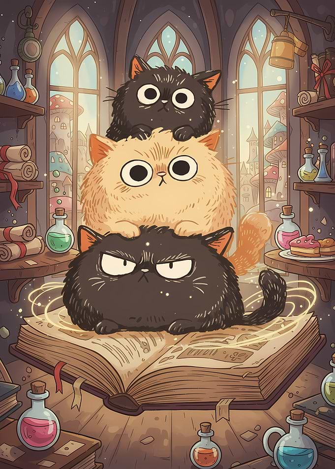 Whimsical Cats Stacked on Spellbook