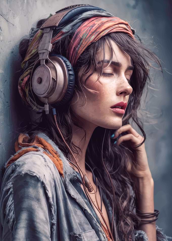 Woman with Headphones and Headscarf