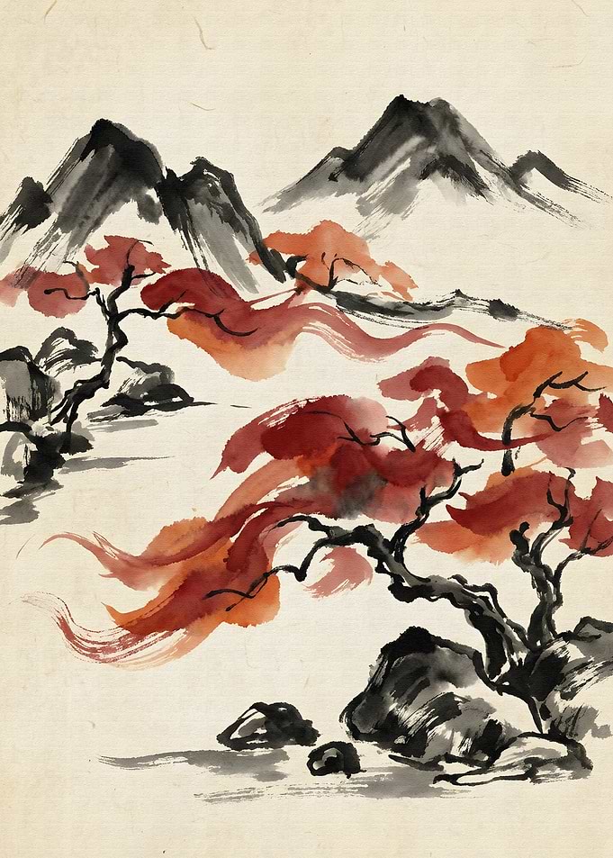 Japanese Ink Painting Landscape with Trees