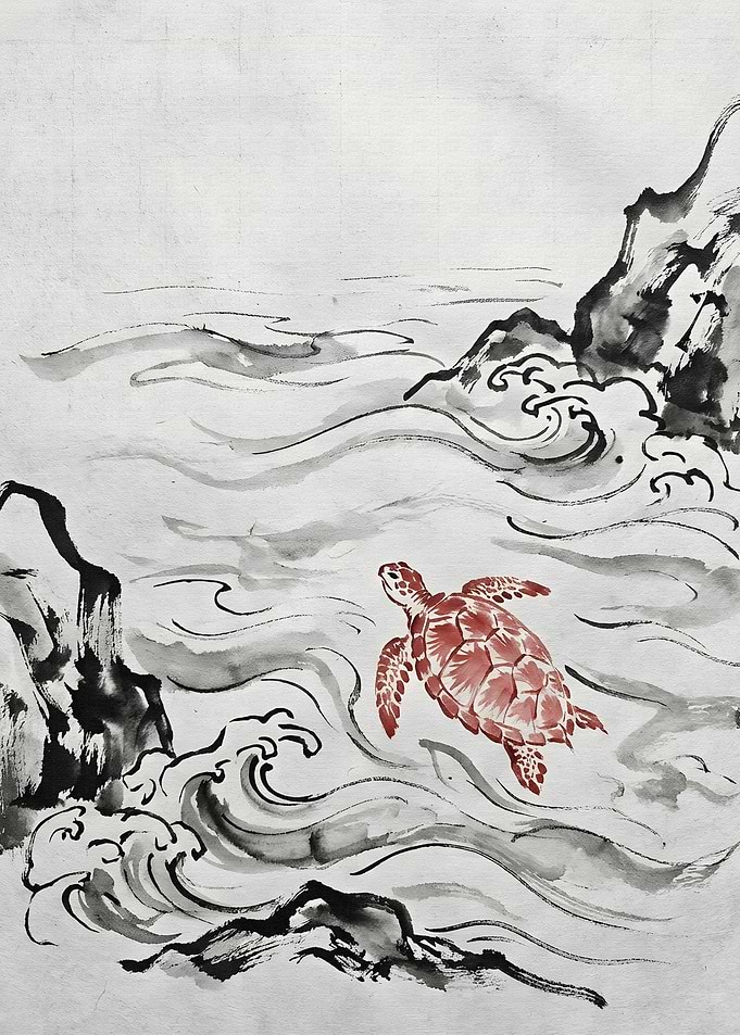Turtle swimming in ocean ink painting