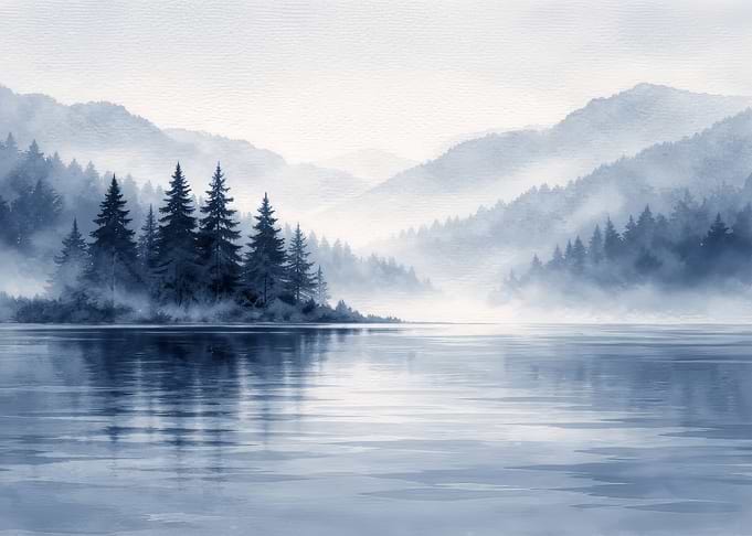 Misty Lake and Forest Landscape