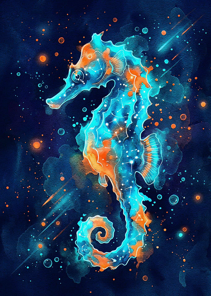 Watercolor Seahorse with Constellation Details