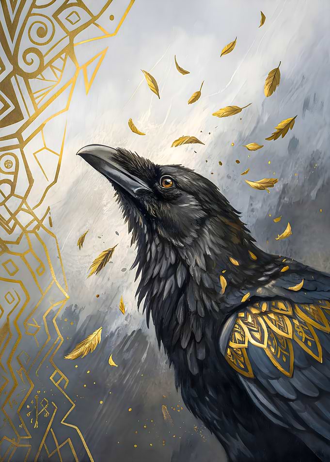 Majestic Raven with Golden Feathers and Sacred Patterns