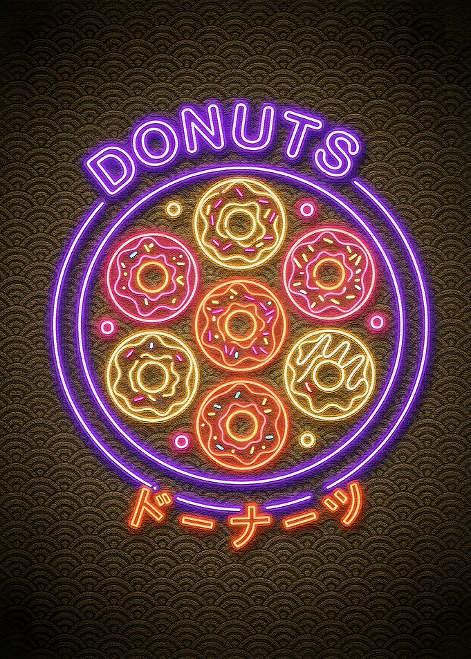 Neon Donuts Sign with Japanese Text