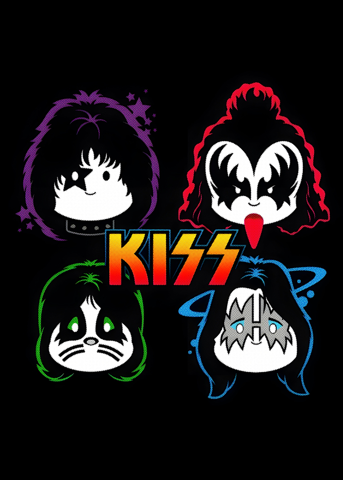 KISS Band Cartoon Faces on Black