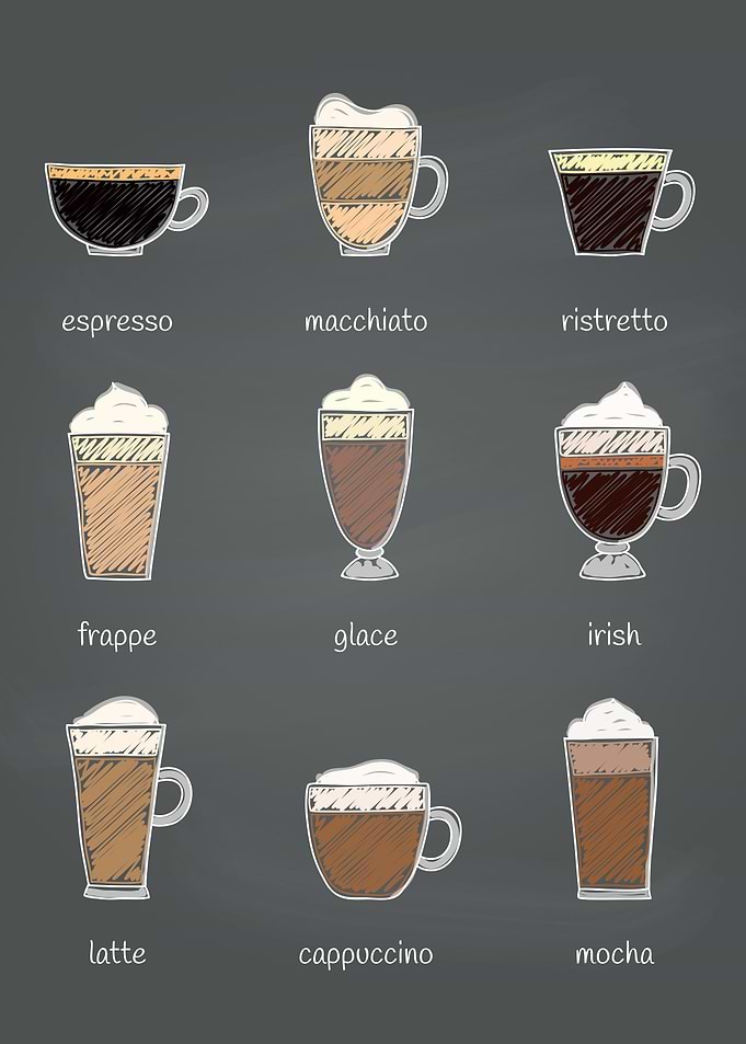 Coffee Drinks Illustration on Gray Background