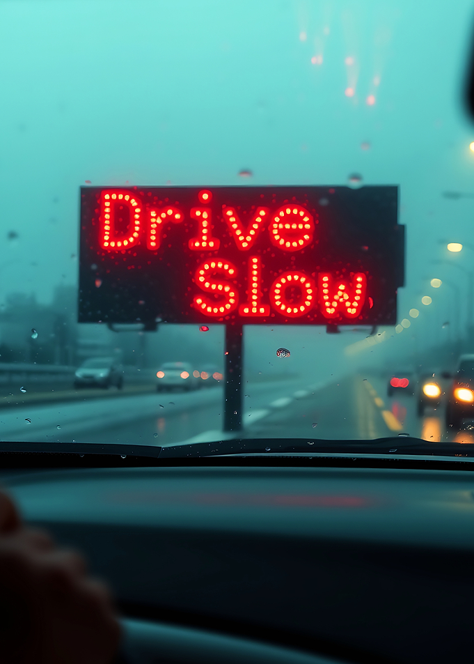 Drive Slow Sign on Rainy Highway