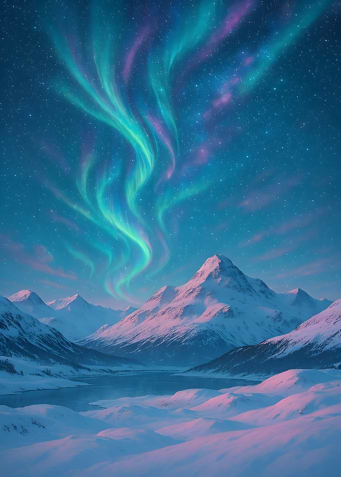 Aurora Borealis over Snowy Mountains