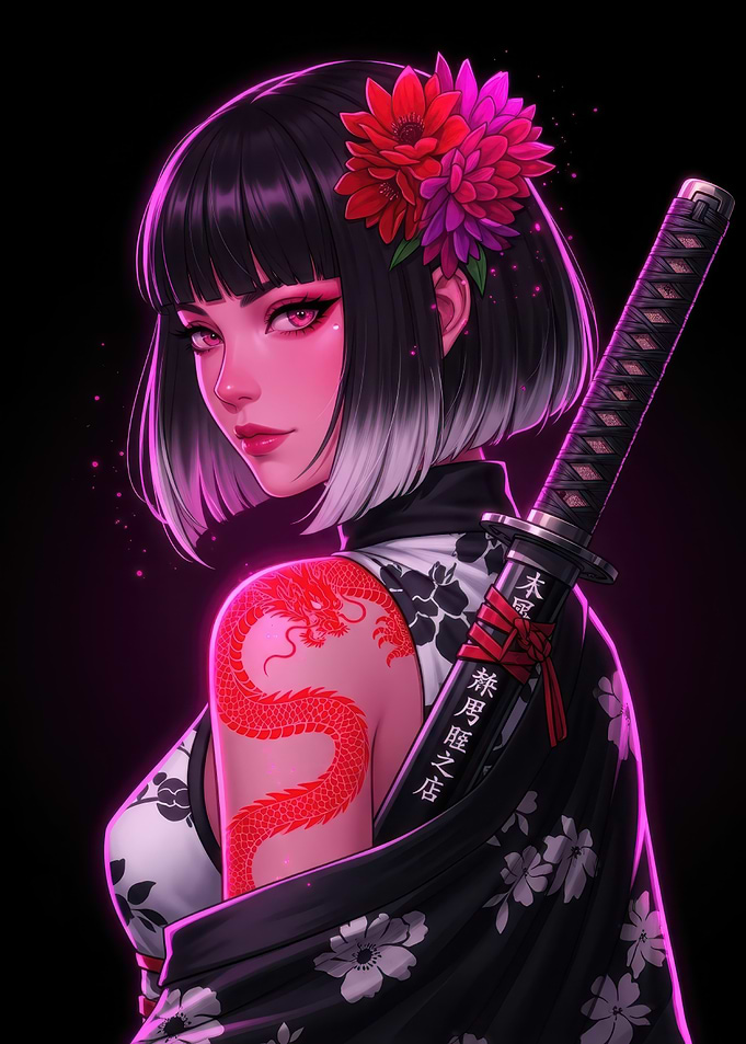 Anime Girl with Katana and Dragon Tattoo