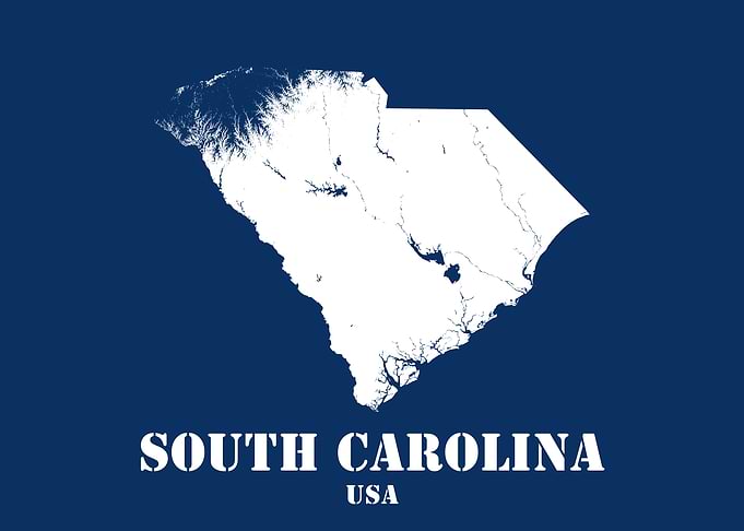 South Carolina USA State Minimalist White Topographic Contour Map featuring terrain on navy blue background